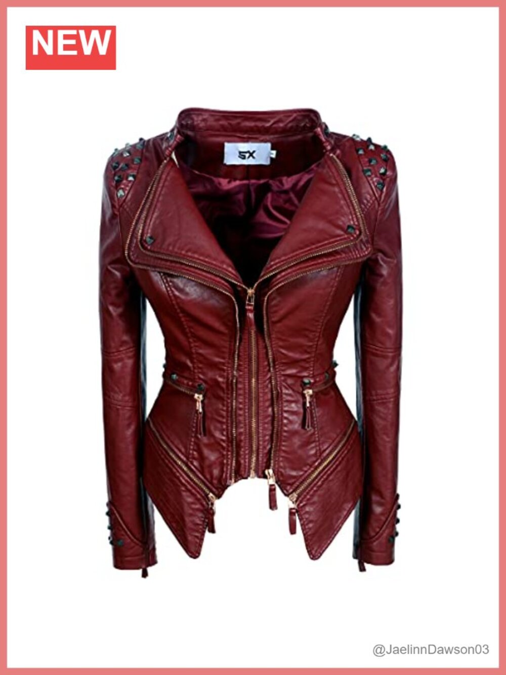 Studded Faux Leather Biker Jacket Slim Fit Aviator Moto Style Zip Moto